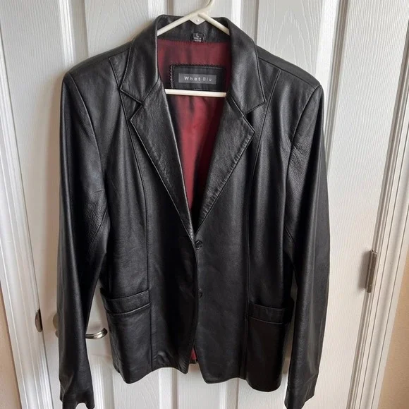 Whet Blu Leather Blazer Jacket Womens Large Black Single Button Red Lining - Picture 1 of 11
